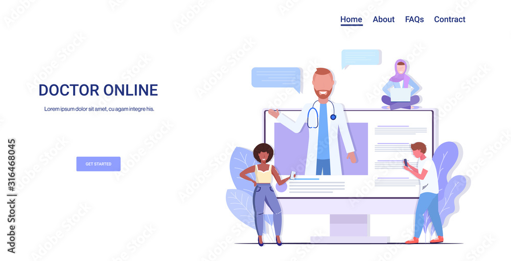 doctor consulting mix race patients giving information about medicine online medical consultation assistance by internet healthcare concept horizontal copy space vector illustration