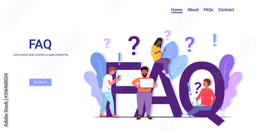mix race people group with question exclamation marks using digital devices online support center frequently asked questions FAQ concept full length copy space horizontal vector illustration