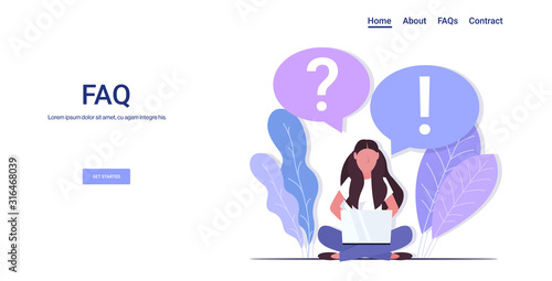 woman with question exclamation marks in chat bubble using laptop online support center frequently asked questions FAQ concept full length copy space horizontal vector illustration