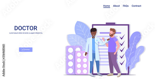 african american doctor checking patient breath or heartbeat cardiologist with stethoscope listening to lung and heart sound of man healthcare medicine concept horizontal full length copy space vector