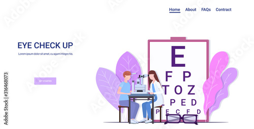 woman optician examining eye vision of male patient on slit lamp eye check up medicine healthcare concept ophthalmology clinic horizontal full length copy space vector illustration