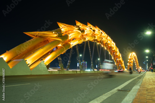 DANANG, VIETNAM - APRIL 19, 2019 - Dragon bridge at night, the famous bridge in Da Nang city, Dragon Bridge can be breath fire and water in weekend.