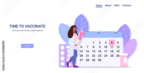 hospital doctor holding syringe with vaccine from flu influenza virus disease time to vaccinate healthcare medicine concept horizontal full length copy space vector illustration