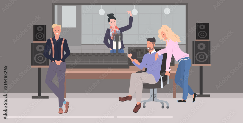 mix race people performing in recording studio men women spending time together communication broadcasting concept full length horizontal vector illustration
