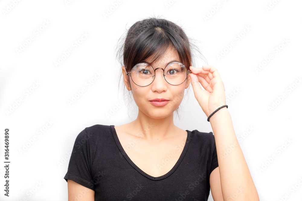 Beautiful glasses smiling women on white background beauty fashion concept Beautiful glasses smiling women on white background beauty fashion concept
