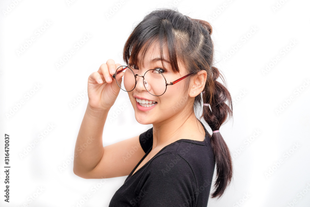 Beautiful glasses smiling women on white background beauty fashion concept Beautiful glasses smiling women on white background beauty fashion concept