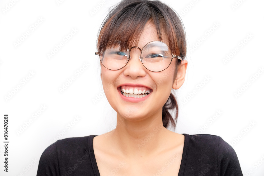 Beautiful glasses smiling women on white background beauty fashion concept
