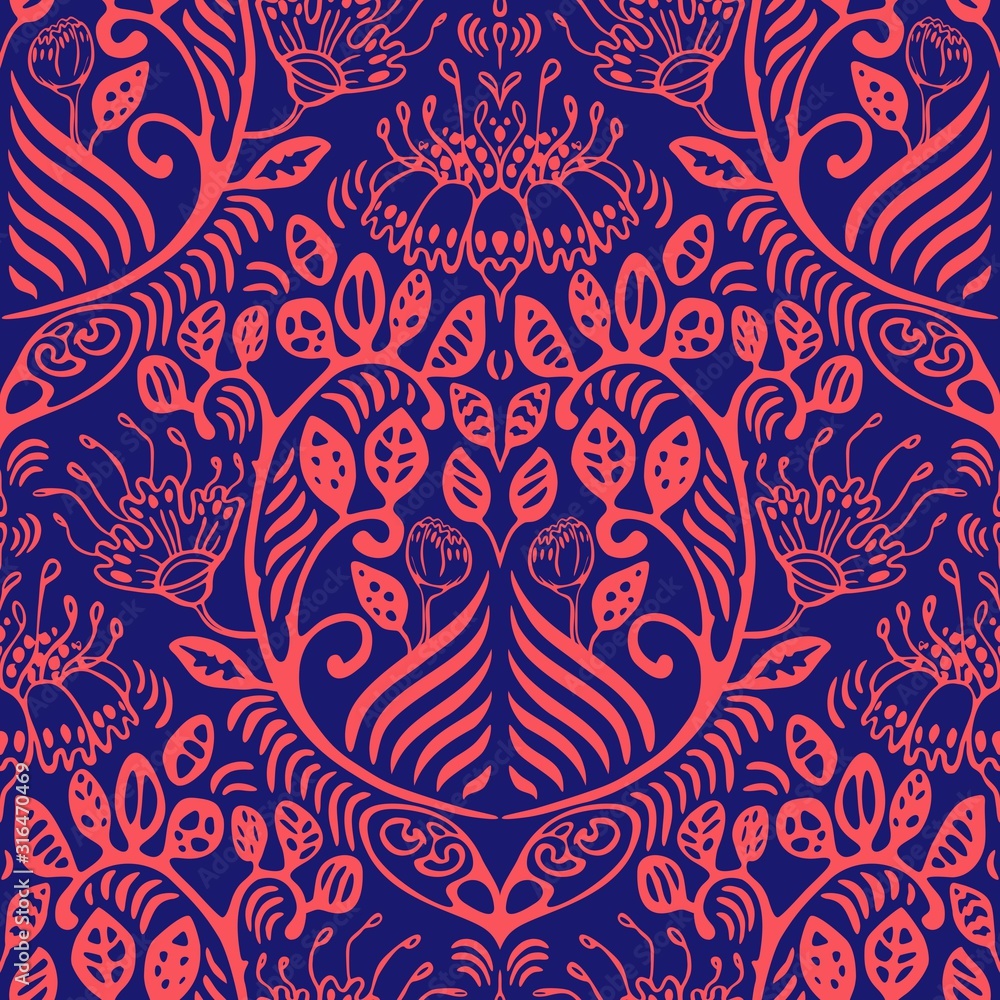 Hand-drawn and vectorized illustration of imaginary flowers and leaves. Trendy saturated hues of this pattern easily catch the eye. Pops of bright colours will draw attention to interior decor. Hand-drawn and vectorized illustration of imaginary flowers and leaves. Trendy saturated hues of this pattern easily catch the eye. Pops of bright colours will draw attention to interior decor.