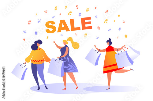 Three happy women with packages go shopping at a sale in a shopping center. Vector illustration, concept of shopping, sale, shopaholism, spending money. Seasonal sale with female flat trend characters