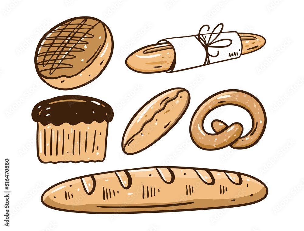 Bakery set. Bread, loaf, pie. Hand draw vector illustration. Cartoon style.  Stock Vector | Adobe Stock