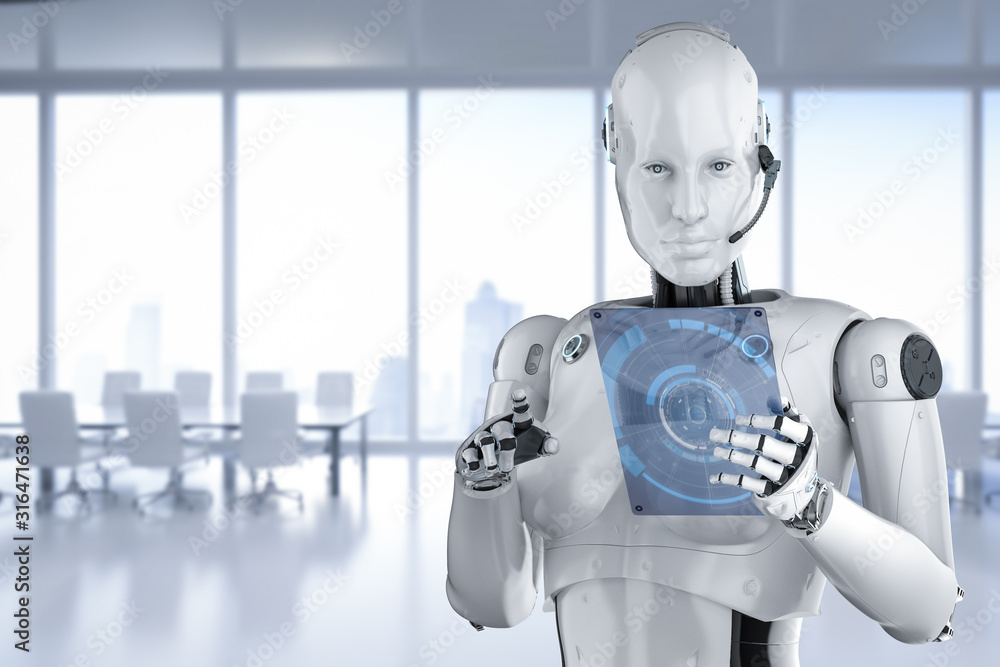 Female cyborg with glass tablet Female cyborg with glass tablet