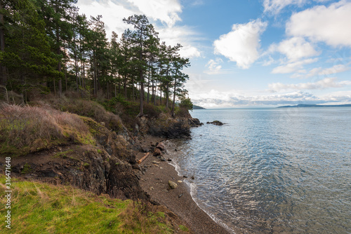 Landscape of Pacific Ocean rugged coastline at Washington Park in Anacortes, Washington