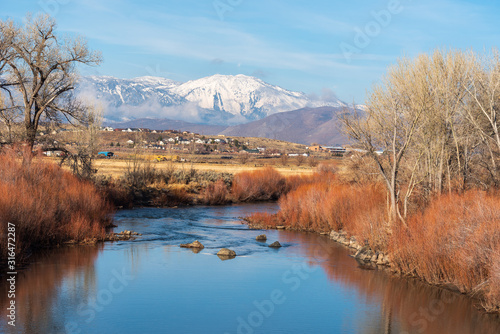 Landscape of the Carson River, reeds, trees and snow-covered mountains in the distance in Carson City, Nevada