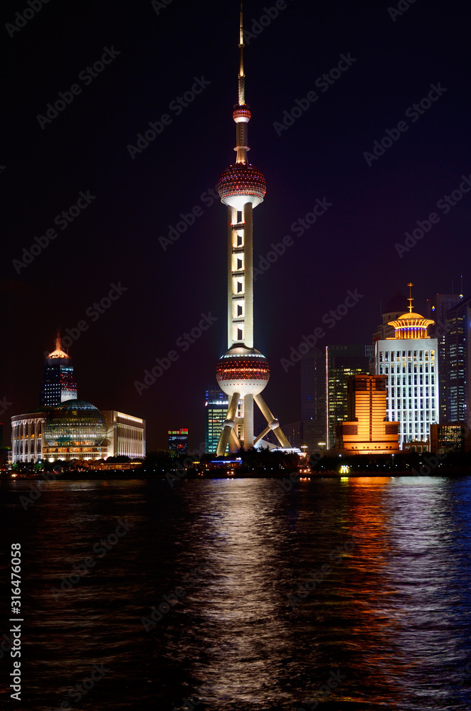 Night lights of Pudong east side Oriental Pearl tower of Shanghai China