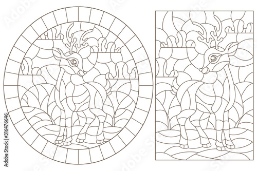 Set of contour illustrations of stained glass Windows with fawns on a background of meadows and sky, dark outlines on a white background