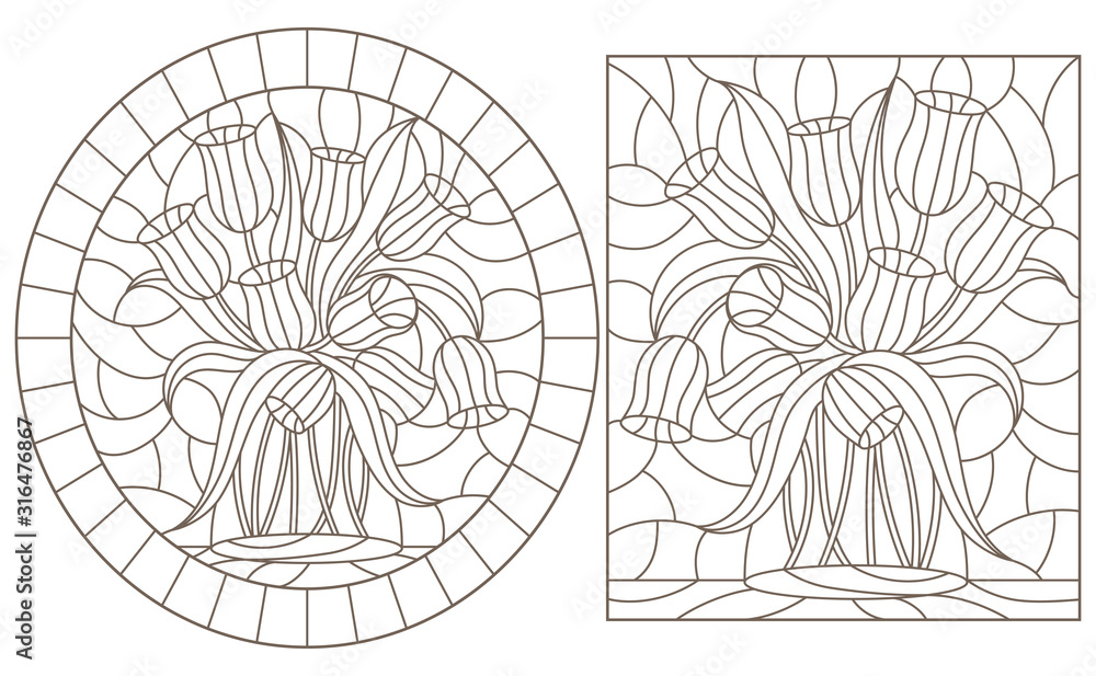 A set of contour illustrations of stained glass Windows with Tulips , dark contours on a white background, round and rectangular image A set of contour illustrations of stained glass Windows with Tulips , dark contours on a white background, round and rectangular image