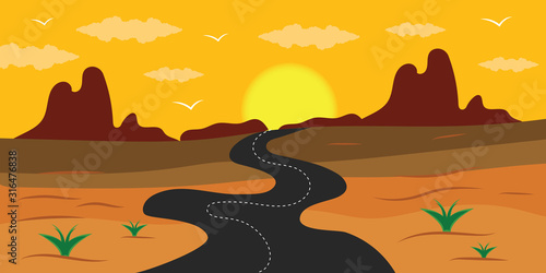 Vector flat landscape view with the night of desert. Illustration with the sunset view in the desert.