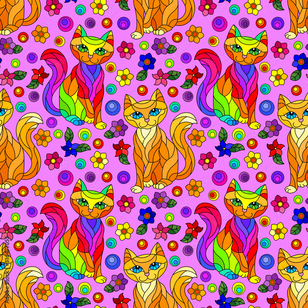 Seamless pattern with bright cats and flowers in stained glass style on a purple background