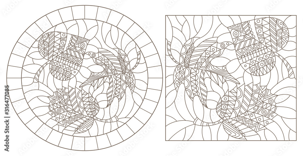 Set of outline illustrations of stained glass Windows with leaves, dark outlines on a white background