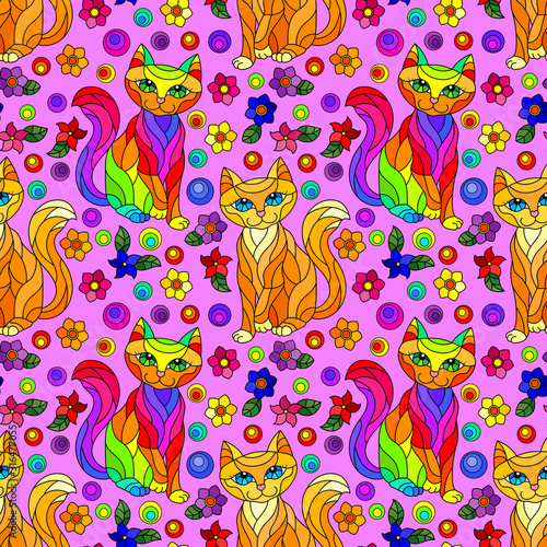 Seamless pattern with bright cats and flowers in stained glass style on a purple background