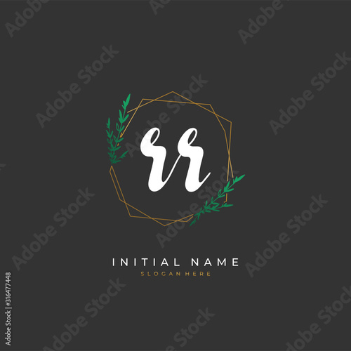  Handwritten initial letter R RR for identity and logo. Vector logo template with handwriting and signature style.