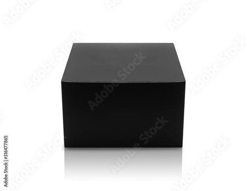 Black box product packaging in front view isolated on white background with clipping path.