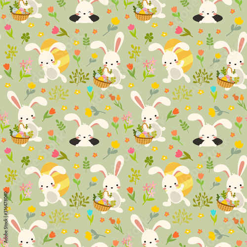 Vector cute flat cartoon easter bunny, hare, rabbit and colorful decorative eggs seamless pattern bright colored with green background