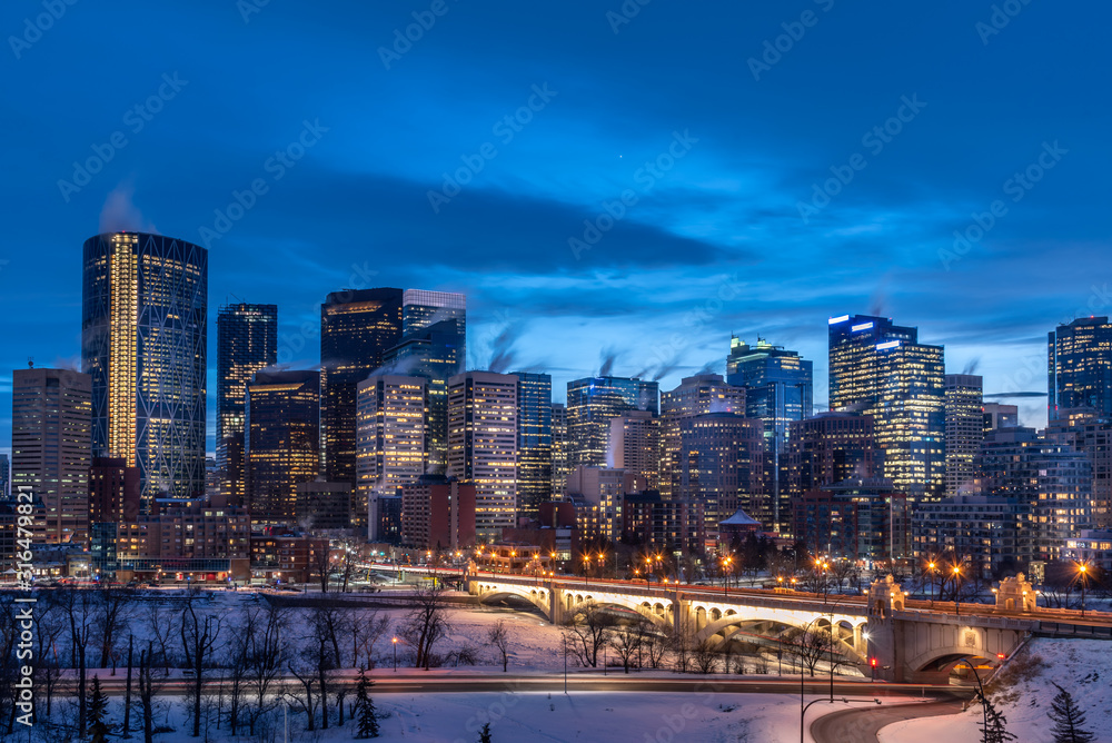 View of Calgary's urban core at dusk on a very cold January evening. View of Calgary's urban core at dusk on a very cold January evening.