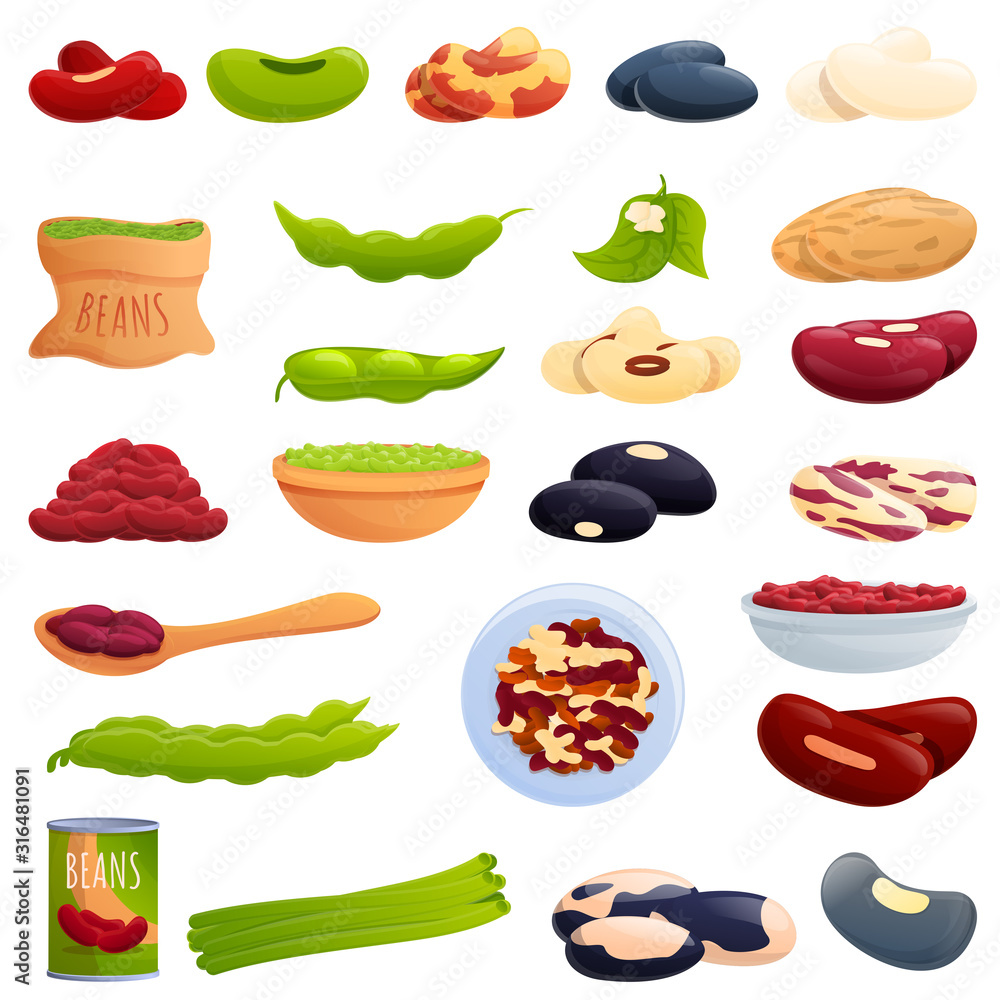 Kidney bean icons set. Cartoon set of kidney bean vector icons for web design
