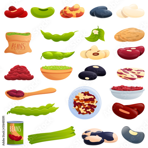 Kidney bean icons set. Cartoon set of kidney bean vector icons for web design