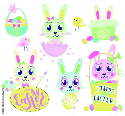 Happy easter set. Bunny, rabbits, chicken, eggs, basket  - cute characters. isolated on white background. kids and baby t-shirts and greeting cards. Vector stock illustration.