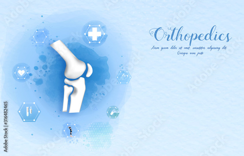 Medical orthopedic watercolor background. Treatment for orthopedics traumatology of knee bones and joints injury. Medical presentation, hospital. Vector illustration