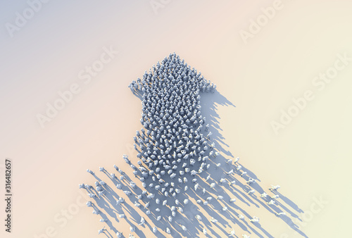 Leadership and successful business ideas concept 3d rendering of crowd 3d low polygon people arrow shape form walk together on white floor color tone image