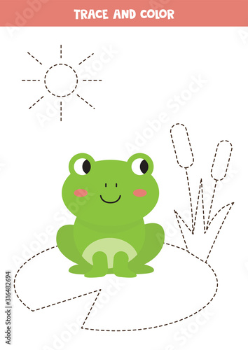 Tracing lines with frog sitting in pond. Handwriting practice for kids.