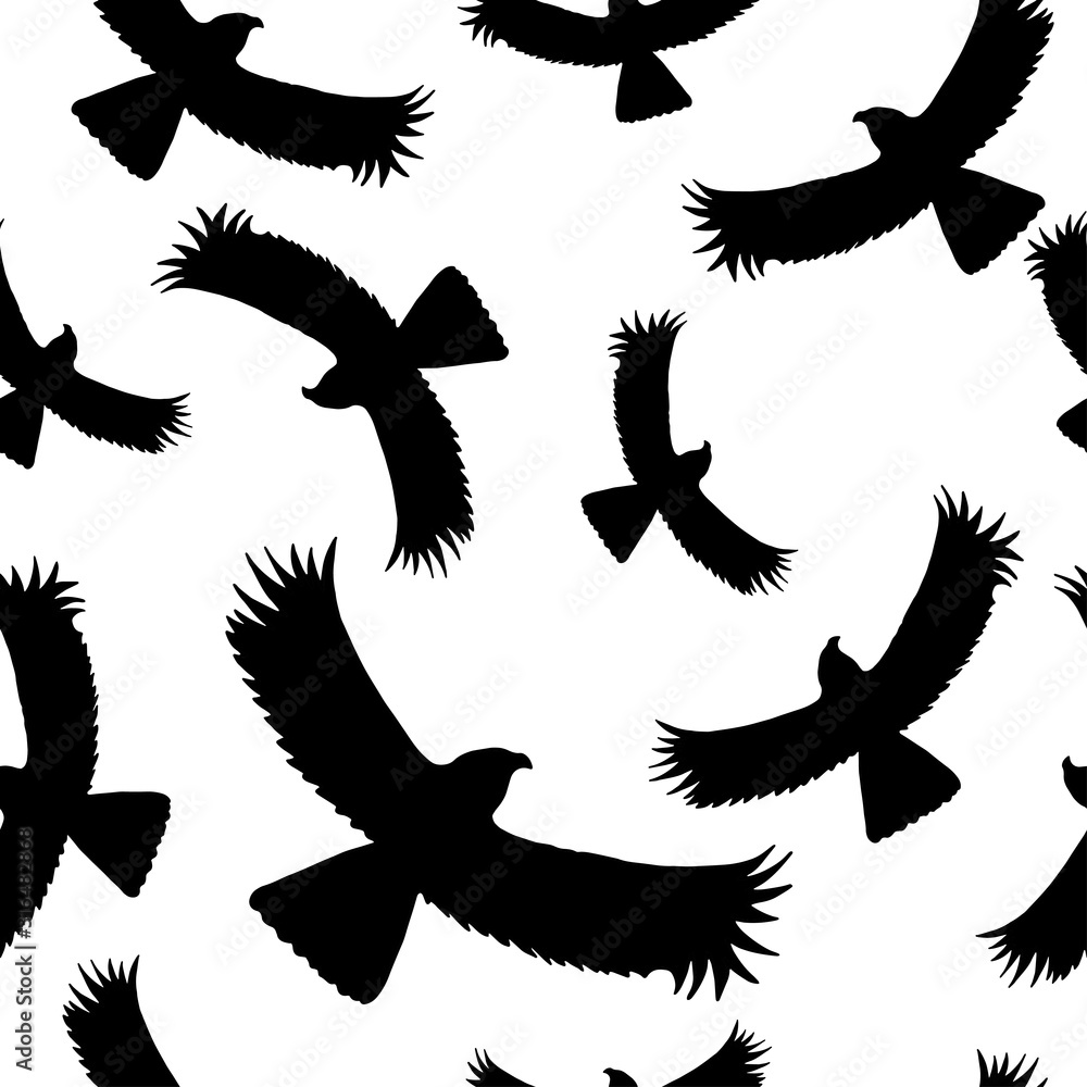Obraz premium Seamless pattern with the silhouette of a flying eagle on a light sky background. Dark ink hand drawn logo in the art style of vintage engraving graphic style.
