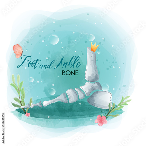 Medical orthopedic watercolor background. Treatment for orthopedics traumatology of foot and ankle bones and joints injury. Medical presentation, hospital. Vector illustration