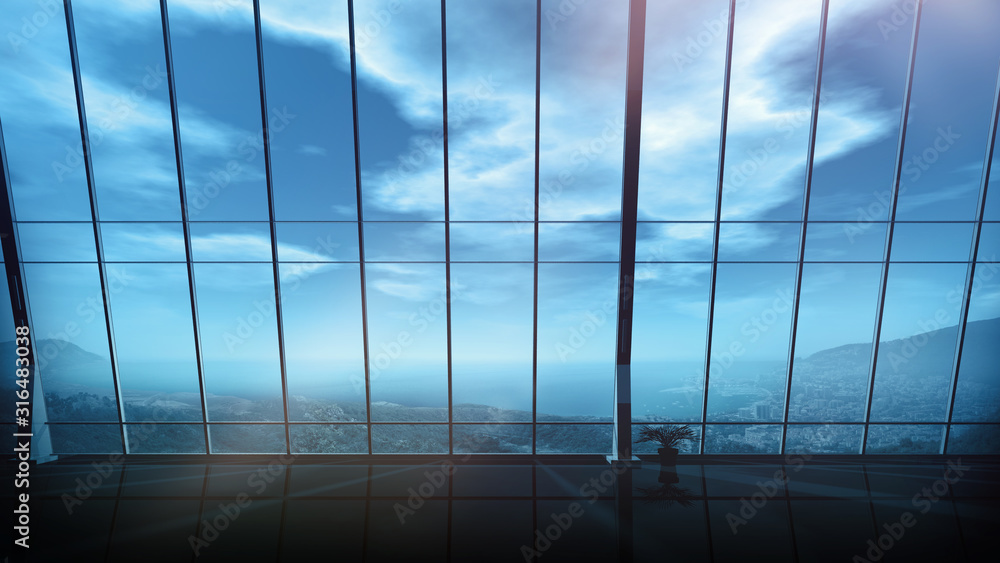Fototapeta premium Empty office with panoramic window and coastal landscape.