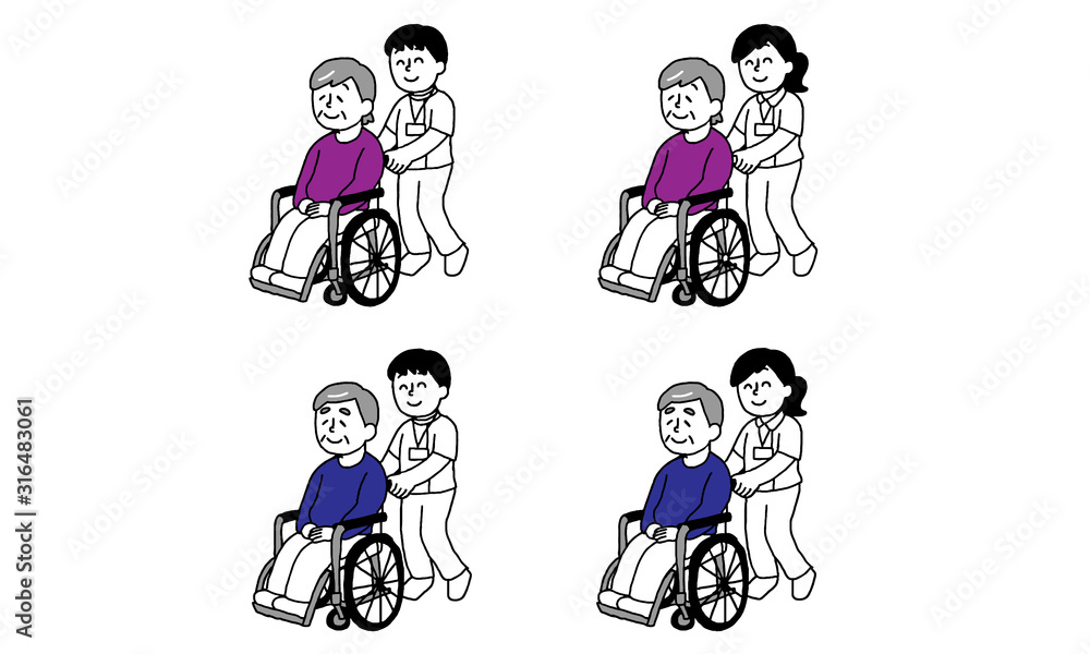 車椅子に座るシニア男性女性と看護師男女セット（シンプル）
