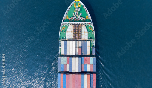 Aerial of cargo ship carrying container with tugboat working near and running for export goods from cargo yard port to custom ocean concept freight shipping by ship .