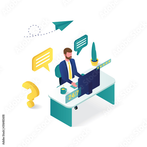 3d vector Isometric of online customer support. Customer Service and Technical Support Concept isometric illustration