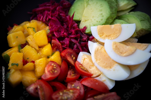 Salad with mango, avocado, egg, romeo tomatoes photo