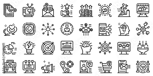 Marketer icons set. Outline set of marketer vector icons for web design isolated on white background