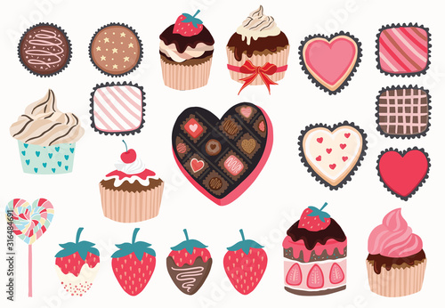 Cute object valentine collection with chocolate,strawberry,cupcake.Vector illustration for icon,logo,sticker,printable