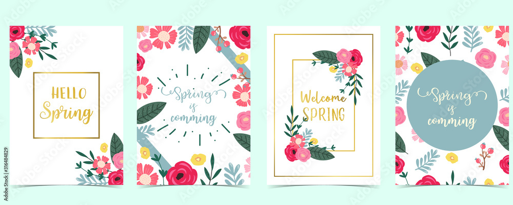 Collection of spring background set with pink flower, green leaves,geometric.Editable vector illustration for website, invitation,postcard and sticker.Include wording welcome spring, hello spring Collection of spring background set with pink flower, green leaves,geometric.Editable vector illustration for website, invitation,postcard and sticker.Include wording welcome spring, hello spring