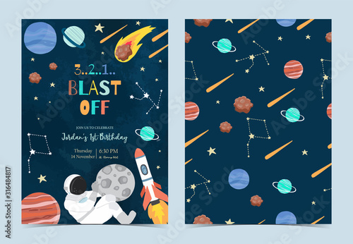 Collection of space background set with astronaut, sun, moon, star,rocket.Editable vector illustration for website, invitation,postcard and sticker.Include wording 3 2 1 blast off