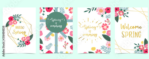 Collection of spring background set with pink flower, green leaves,geometric.Editable vector illustration for website, invitation,postcard and sticker.Include wording welcome spring, hello spring