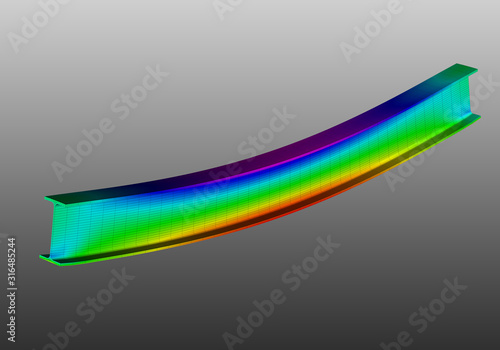 A simple supported I-beam bending under uniform distributed load. Isometric view 3D Illustration of mesh deformation and plot of normal stresses from finite element analysis on grey gradient backround