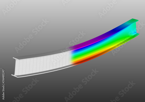 A simple supported I-beam bending under uniform distributed load. Isometric view 3D Illustration of mesh deformation and plot of normal stresses from finite element analysis on grey gradient backround