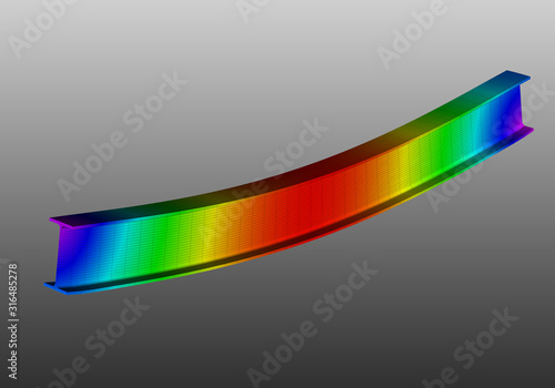 A simple supported I-beam bending under uniform distributed load. Isometric view 3D Illustration of mesh deformation and plot of deflections from finite element analysis on grey gradient backround