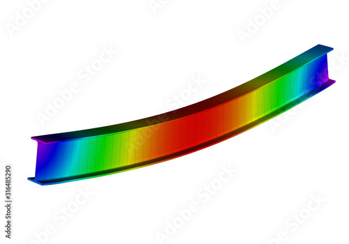 A simple supported I-beam bending under uniform distributed load. Isometric view 3D Illustration of mesh deformation and plot of deflections from finite element analysis on white backround